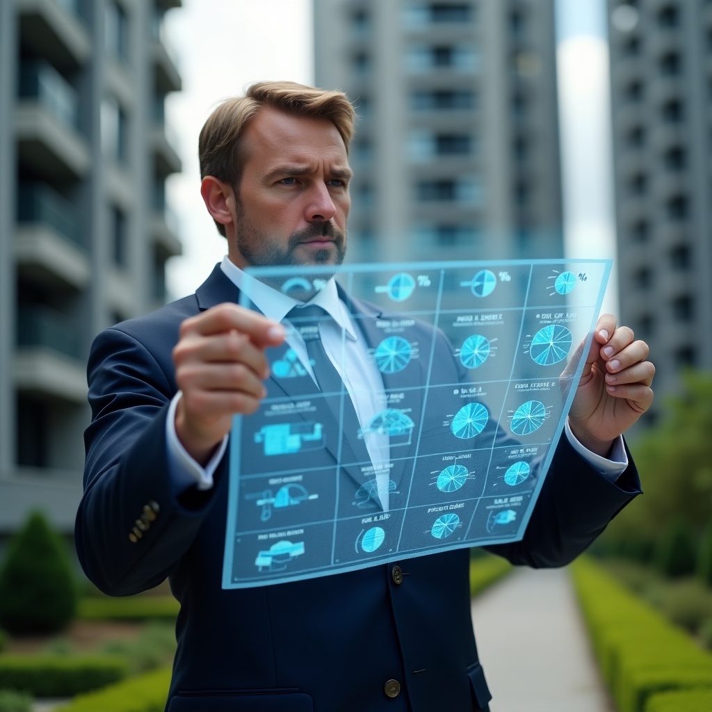 (Ultra-realistic condominium manager in a navy suit, set in a modern luxury condominium environment with high-rise buildings and manicured green landscaping, holding and examining a holographic blueprint displaying percentage fractions of each unit, floating 3D charts and icons representing cost allocation, confident and focused expression, cinematic lighting, shallow depth of field, highly detailed textures, realistic skin, photographic realism, 8k resolution --ar 1:1 --v 6)