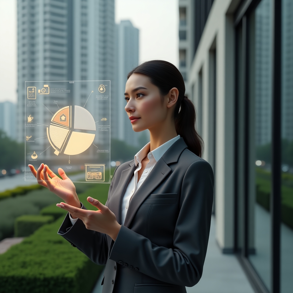 Ultra-realistic condominium manager in a dark gray tailored suit, set in a modern luxury condominium environment with high-rise buildings and manicured greenery, holding a holographic pie chart displaying unit fractions, analyzing with a confident and thoughtful expression, floating icons of equal scales and apartment floor plans around her, cinematic lighting, shallow depth of field, highly detailed textures, realistic skin, photographic realism, 8k resolution --ar 1:1 --v 6