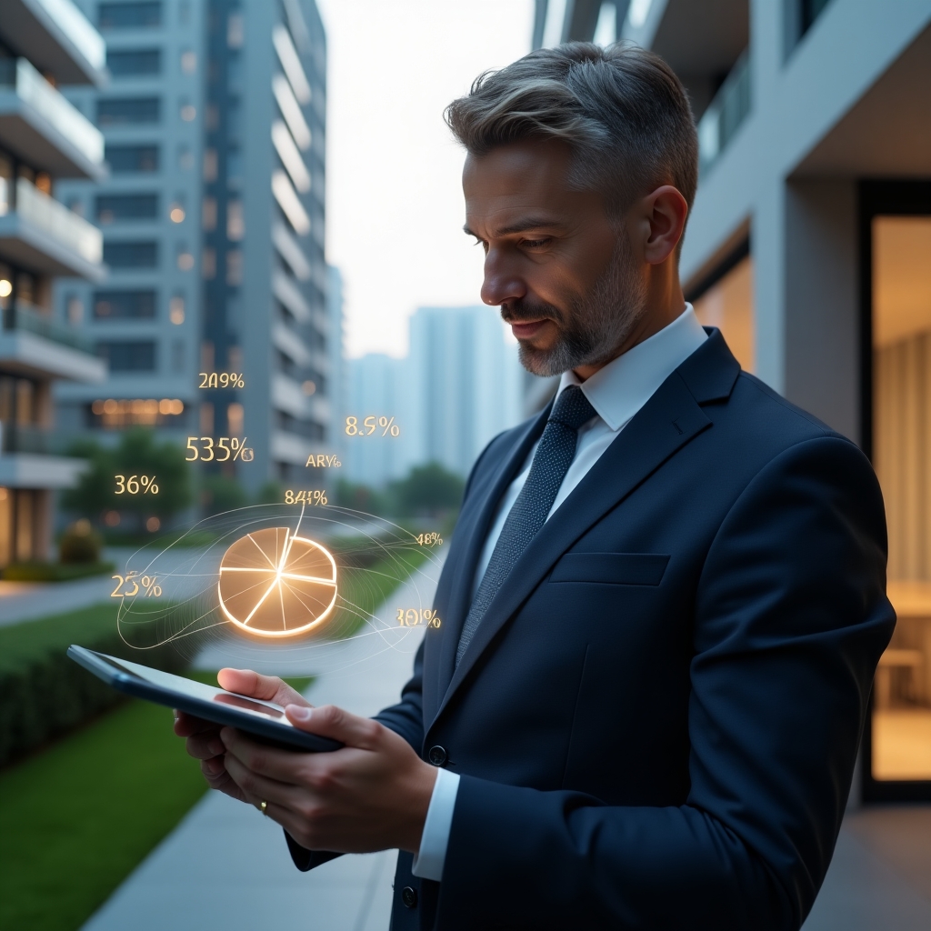 (Ultra-realistic condominium manager in a tailored navy suit, set in a modern luxury condominium environment with high-rise buildings and manicured green landscaping, holding a tablet displaying a holographic pie chart of unit fractions, thoughtfully analyzing the floating percentages and area icons, cinematic lighting, shallow depth of field, highly detailed textures, realistic skin, photographic realism, 8k resolution --ar 1:1 --v 6)