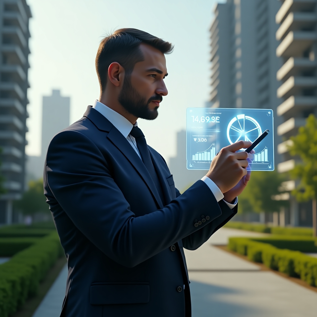 (Ultra-realistic condominium manager in a tailored navy suit, set in a modern luxury condominium environment with high-rise buildings and manicured green landscaping, examining a floating holographic pie chart and fraction formula with a stylus, conveying focused confidence and analytical insight, cinematic lighting, shallow depth of field, highly detailed textures, realistic skin, photographic realism, 8k resolution --ar 1:1 --v 6)