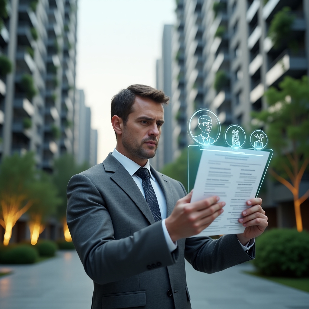 Ultra-realistic property manager in a tailored gray suit, set in a modern luxury condominium environment with high-rise buildings and meticulously landscaped gardens, examining a floating holographic expense report and maintenance checklist, holographic icons of cost reduction and service quality beside them, confident and focused expression, cinematic lighting, shallow depth of field, highly detailed textures, realistic skin, photographic realism, 8k resolution --ar 1:1 --v 6