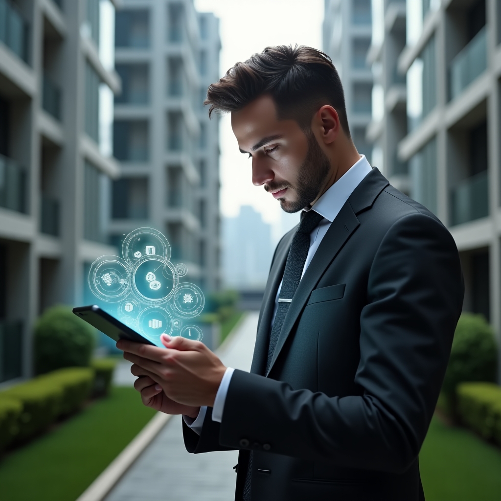 (Ultra-realistic condominium manager in a dark gray executive suit, set in a modern luxury condominium environment with high-rise buildings and manicured green landscaping, analyzing a tablet displaying holographic pie charts and currency icons that distinguish ordinary and extraordinary expenses, thoughtful and confident expression, cinematic lighting, shallow depth of field, highly detailed textures, realistic skin, photographic realism, 8k resolution --ar 1:1 --v 6)