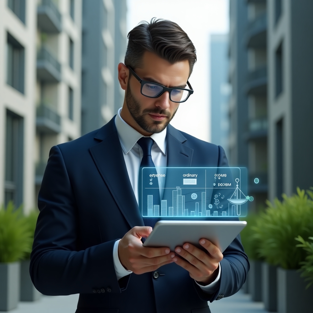 Ultra-realistic condominium manager in a navy executive suit, set in a modern luxury condominium environment with high-rise buildings and green landscaping, reviewing a holographic expense chart divided into ordinary and extraordinary columns on a transparent tablet, focused and confident expression, floating icons of coins and a balance scale symbolizing cost classification, cinematic lighting, shallow depth of field, highly detailed textures, realistic skin, photographic realism, 8k resolution --ar 1:1 --v 6