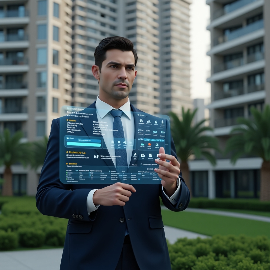 Ultra-realistic condominium manager in a tailored navy suit, set in a modern luxury condominium environment with high-rise buildings and manicured green landscaping, confidently interacting with a floating holographic interface of a condominium management app displaying charts, resident icons and security alerts, cinematic lighting, shallow depth of field, highly detailed textures, realistic skin, photographic realism, 8k resolution --ar 1:1 --v 6
