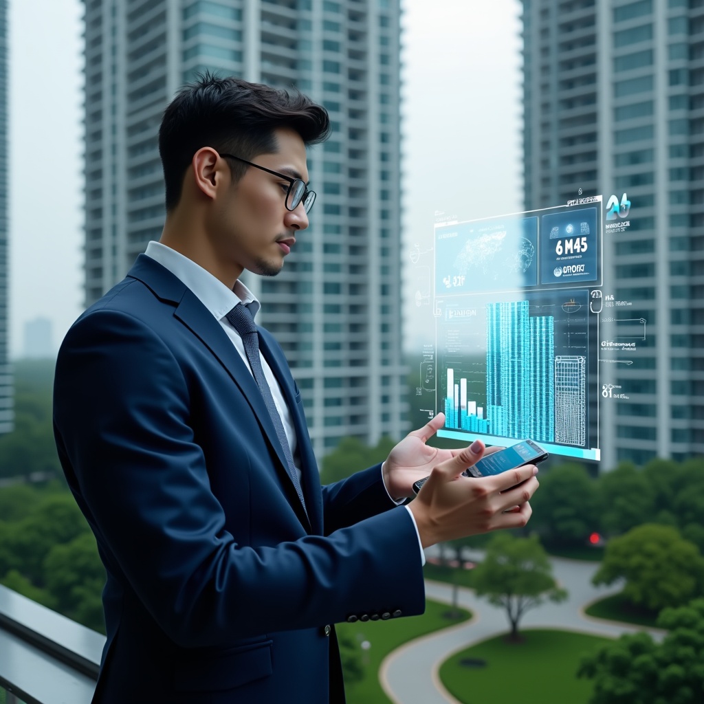 (Ultra-realistic condominium manager in a navy blue executive suit, set in a modern luxury condominium environment with high-rise buildings and green landscaping, in a medium shot analyzing a transparent holographic interface displaying app icons, building schematics, and performance graphs, confident expression, holographic smartphone screen floating beside them as a symbolic element of digital management, cinematic lighting, shallow depth of field, highly detailed textures, realistic skin, photographic realism, 8k resolution --ar 1:1 --v 6)
