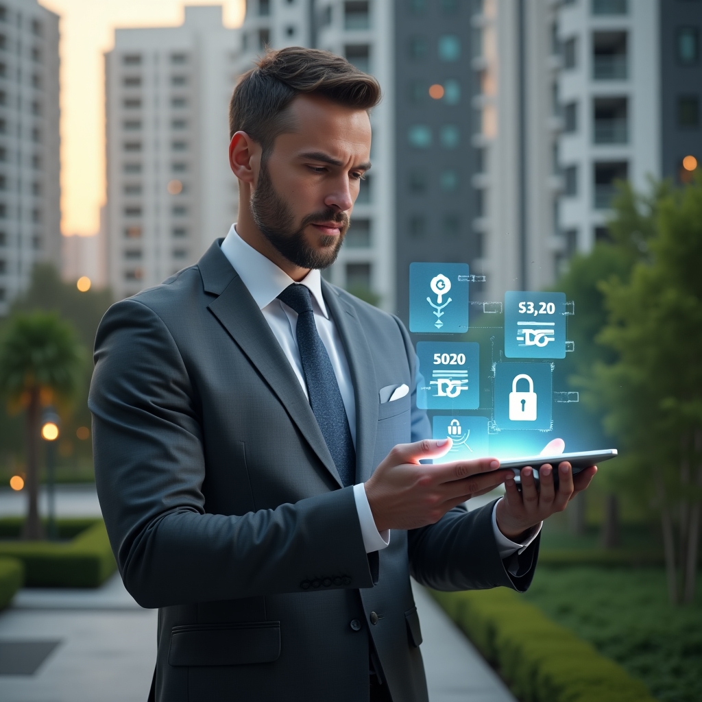 Ultra-realistic condominium manager in a charcoal gray tailored suit, set in a modern luxury condominium environment with high-rise buildings and meticulously landscaped greenery, holding a transparent holographic touchscreen displaying a condo management app interface, analyzing security and cost-benefit icons (padlock, dollar sign, gear), confident and focused expression, cinematic lighting, shallow depth of field, highly detailed textures, realistic skin, photographic realism, 8k resolution --ar 1:1 --v 6
