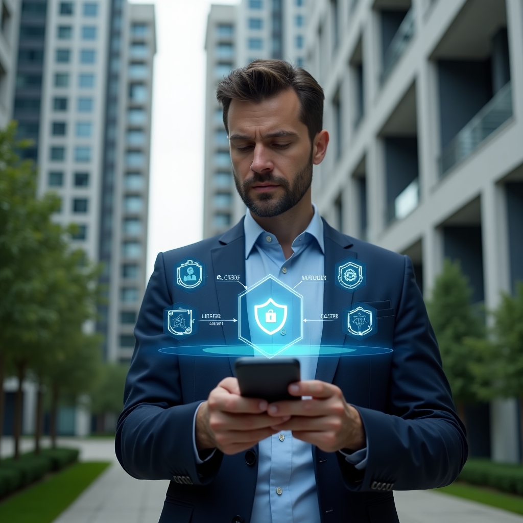(Ultra-realistic condominium manager in a navy executive suit, set in a modern luxury condominium environment with high-rise buildings and manicured green landscaping, confidently analyzing a floating holographic interface of app icons and performance charts, smartphone hologram displaying security shield and integration symbols, cinematic lighting, shallow depth of field, highly detailed textures, realistic skin, photographic realism, 8k resolution --ar 1:1 --v 6)
