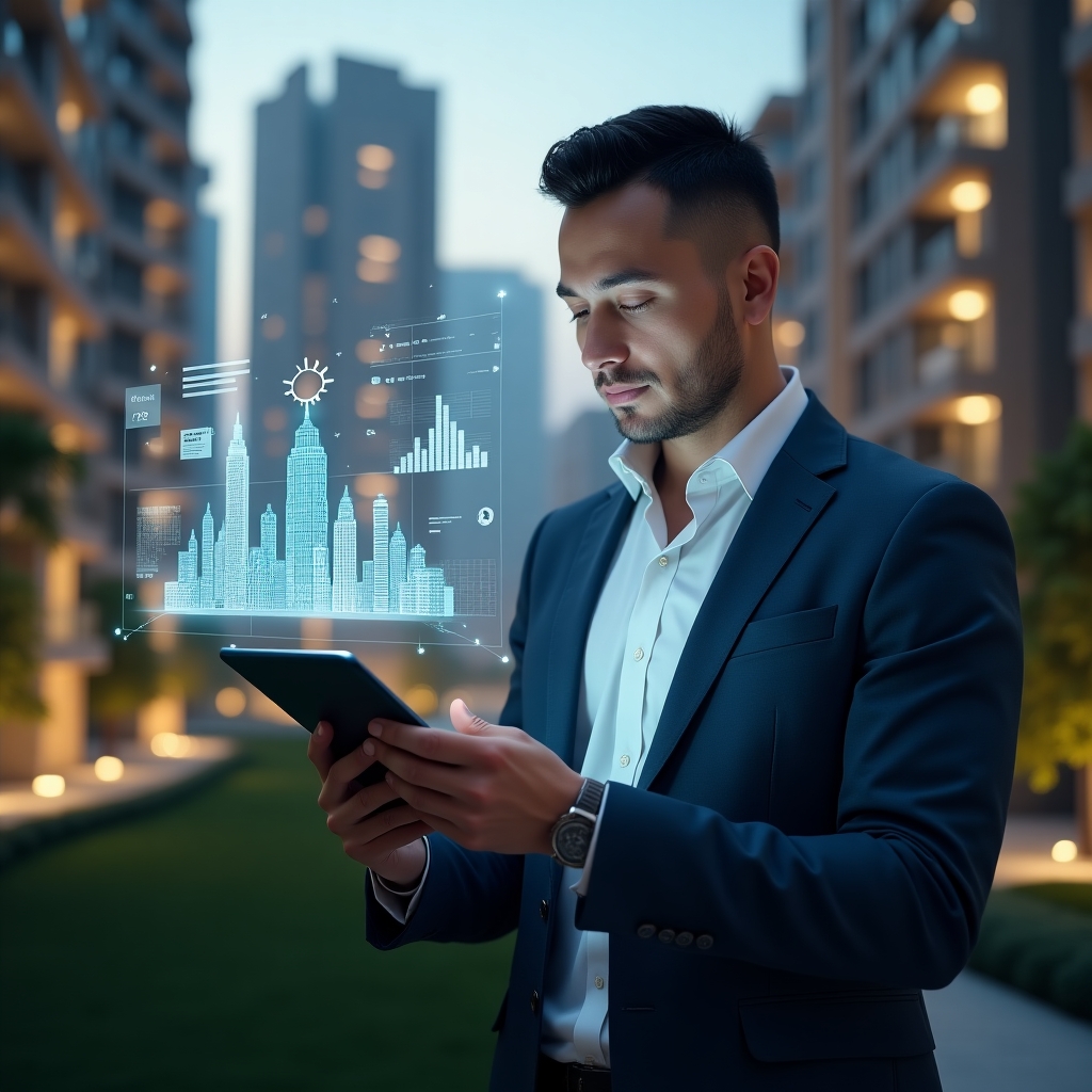 (Ultra-realistic condominium manager in a navy executive suit, set in a modern luxury condominium environment with high-rise buildings and manicured greenery, holding a tablet displaying a floating holographic management app interface, confidently analyzing charts and notifications, holographic icons of buildings and financial graphs surrounding, cinematic lighting, shallow depth of field, highly detailed textures, realistic skin, photographic realism, 8k resolution --ar 1:1 --v 6)