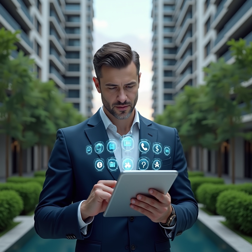Ultra-realistic condominium manager in a navy suit, set in a modern luxury condominium environment with high-rise buildings and lush green landscaping, holding a transparent tablet displaying a holographic **aplicativo para condomínio** interface, confidently analyzing interactive icons for finance, communication and reservations, cinematic lighting, shallow depth of field, highly detailed textures, realistic skin, photographic realism, 8k resolution --ar 1:1 --v 6