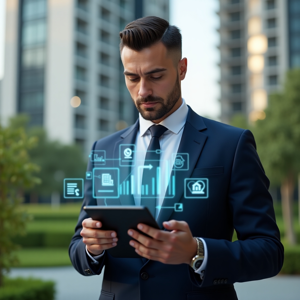 (Ultra-realistic condominium manager in a tailored navy suit, set in a modern luxury condominium environment with high-rise buildings and lush green landscaping, analyzing a tablet displaying holographic expense charts, confident and focused expression, floating icons of invoices and graphs around the device, cinematic lighting, shallow depth of field, highly detailed textures, realistic skin, photographic realism, 8k resolution --ar 1:1 --v 6)