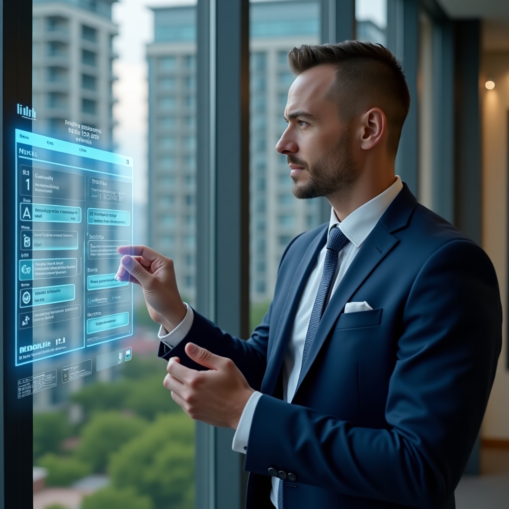 Ultra-realistic condominium manager in a navy-blue suit, set in a modern luxury condominium environment with high-rise buildings and green landscaping, confidently interacting with a holographic calendar schedule displaying tasks, deadlines and responsible icons, cinematic lighting, shallow depth of field, highly detailed textures, realistic skin, photographic realism, 8k resolution --ar 1:1 --v 6