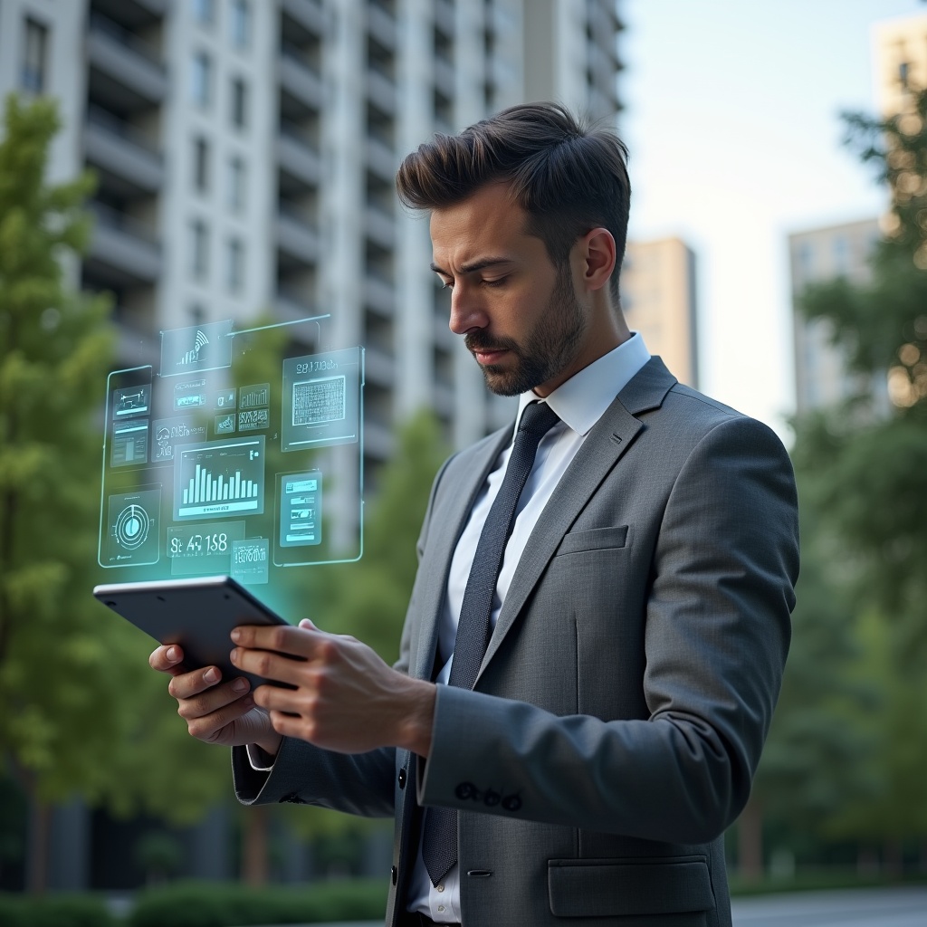 Ultra-realistic condominium manager in a tailored gray suit, set in a modern luxury condominium environment with high-rise buildings and lush green landscaping, reviewing holographic financial reports projected from a tablet, confident and focused expression, floating icons of charts and documents around them, cinematic lighting, shallow depth of field, highly detailed textures, realistic skin, photographic realism, 8k resolution --ar 1:1 --v 6