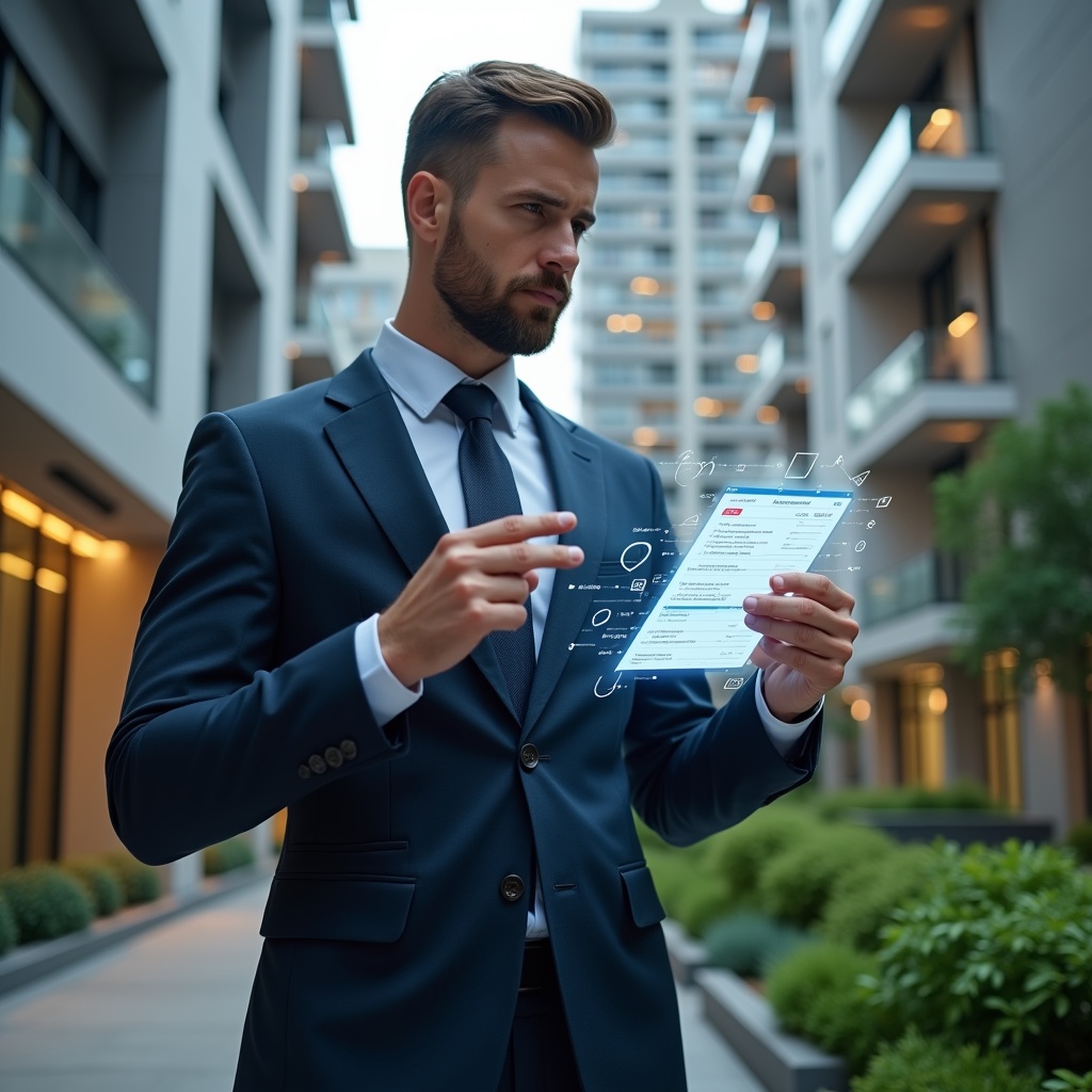 Ultra-realistic condominium manager in a tailored navy suit, set in a modern luxury condominium environment with high-rise buildings and lush green landscaping, holding a holographic calendar interface and pointing thoughtfully at scheduled tasks, glowing icons of maintenance tools and meeting alerts floating around, cinematic lighting, shallow depth of field, highly detailed textures, realistic skin, photographic realism, 8k resolution --ar 1:1 --v 6