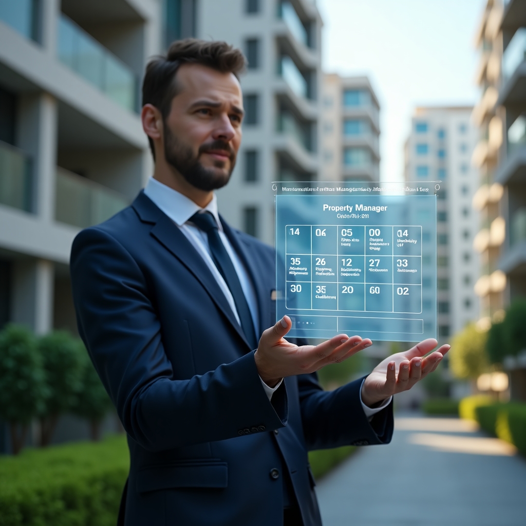 Ultra-realistic property manager in a tailored navy blue suit, set in a modern luxury condominium environment with high-rise buildings and manicured green landscaping, holding and interacting with a floating holographic calendar displaying maintenance tasks and assembly schedules, cinematic lighting, shallow depth of field, highly detailed textures, realistic skin, photographic realism, 8k resolution --ar 1:1 --v 6