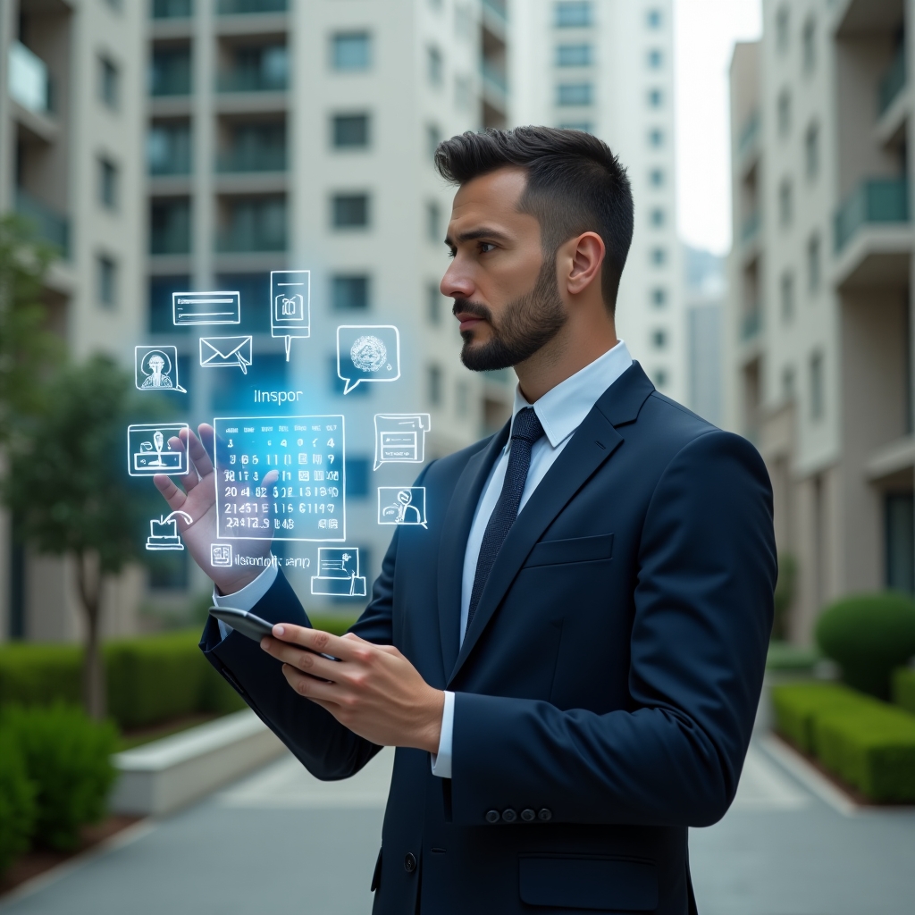 (Ultra-realistic condominium manager in a tailored navy suit, set in a modern luxury condominium environment with high-rise buildings and manicured green landscaping, mid-shot with shallow depth of field, confidently interacting with a floating holographic calendar displaying scheduled tasks and icons for maintenance, cleaning, and meetings, cinematic lighting, highly detailed textures, realistic skin, photographic realism, 8k resolution --ar 1:1 --v 6)