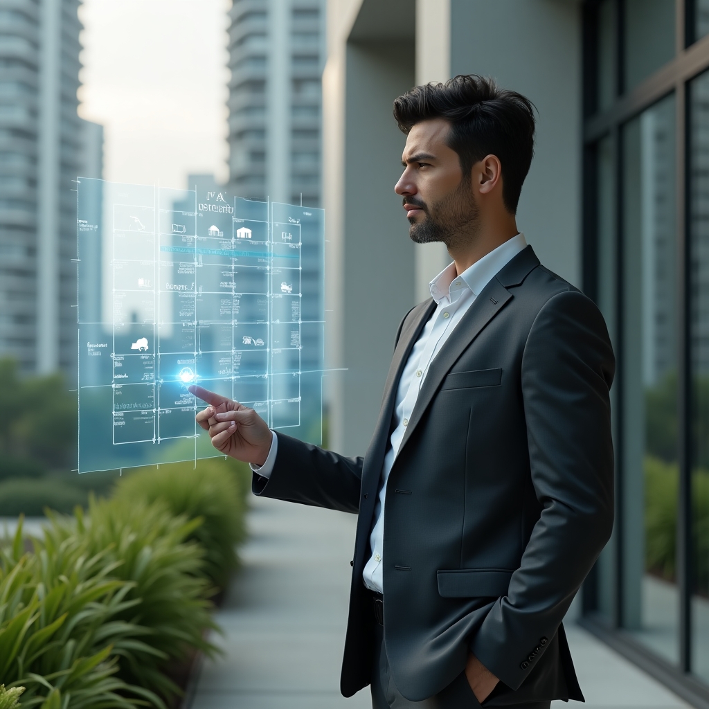 (Ultra-realistic condominium manager in a charcoal gray suit, set in a modern luxury condominium environment with high-rise buildings and meticulously maintained greenery, interacting with a holographic weekly schedule displaying icons for inspections, maintenance and assemblies, confident and focused expression, cinematic lighting, shallow depth of field, highly detailed textures, realistic skin, photographic realism, 8k resolution --ar 1:1 --v 6)