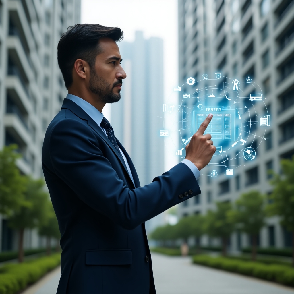 (Ultra-realistic condominium manager in a navy blue executive suit, set in a modern luxury condominium environment with high-rise buildings and manicured green landscaping, examining a holographic calendar schedule floating before them with one hand pointing at tasks, surrounded by holographic icons of maintenance tools and assembly symbols, confident and focused expression, cinematic lighting, shallow depth of field, highly detailed textures, realistic skin, photographic realism, 8k resolution --ar 1:1 --v 6)