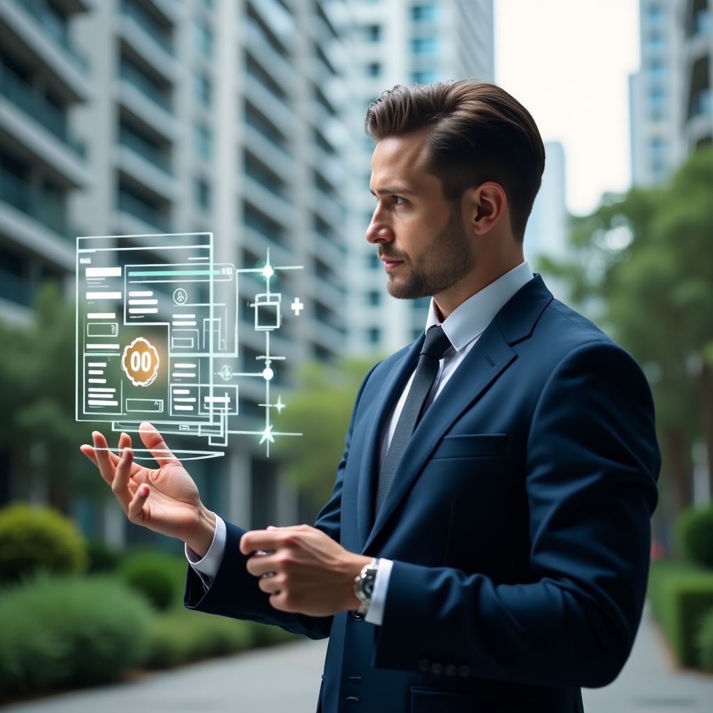 (Ultra-realistic condominium manager in a navy tailored suit, set in a modern luxury condominium environment with high-rise buildings and meticulously landscaped greenery, examining a holographic schedule/calendar interface with floating maintenance and assembly icons, confidently pointing at highlighted tasks, cinematic lighting, shallow depth of field, highly detailed textures, realistic skin, photographic realism, 8k resolution --ar 1:1 --v 6)