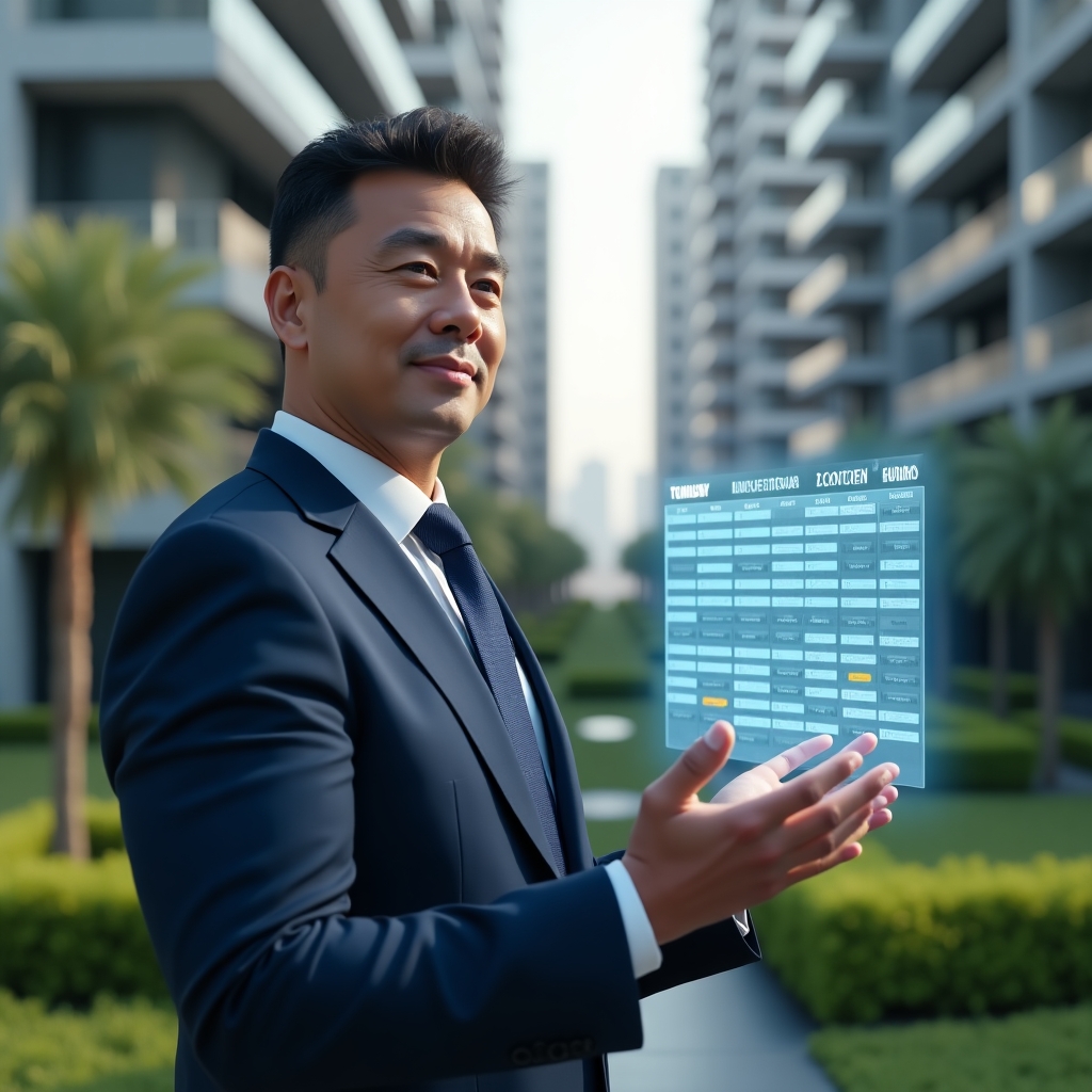 Ultra-realistic condo manager in a navy suit, set in a modern luxury condominium environment with high-rise buildings and manicured green landscaping, medium shot of a confident property manager interacting with a holographic calendar displaying monthly, quarterly, and annual tasks, digital schedule floating in front of them, cinematic lighting, shallow depth of field, highly detailed textures, realistic skin, photographic realism, 8k resolution --ar 1:1 --v 6