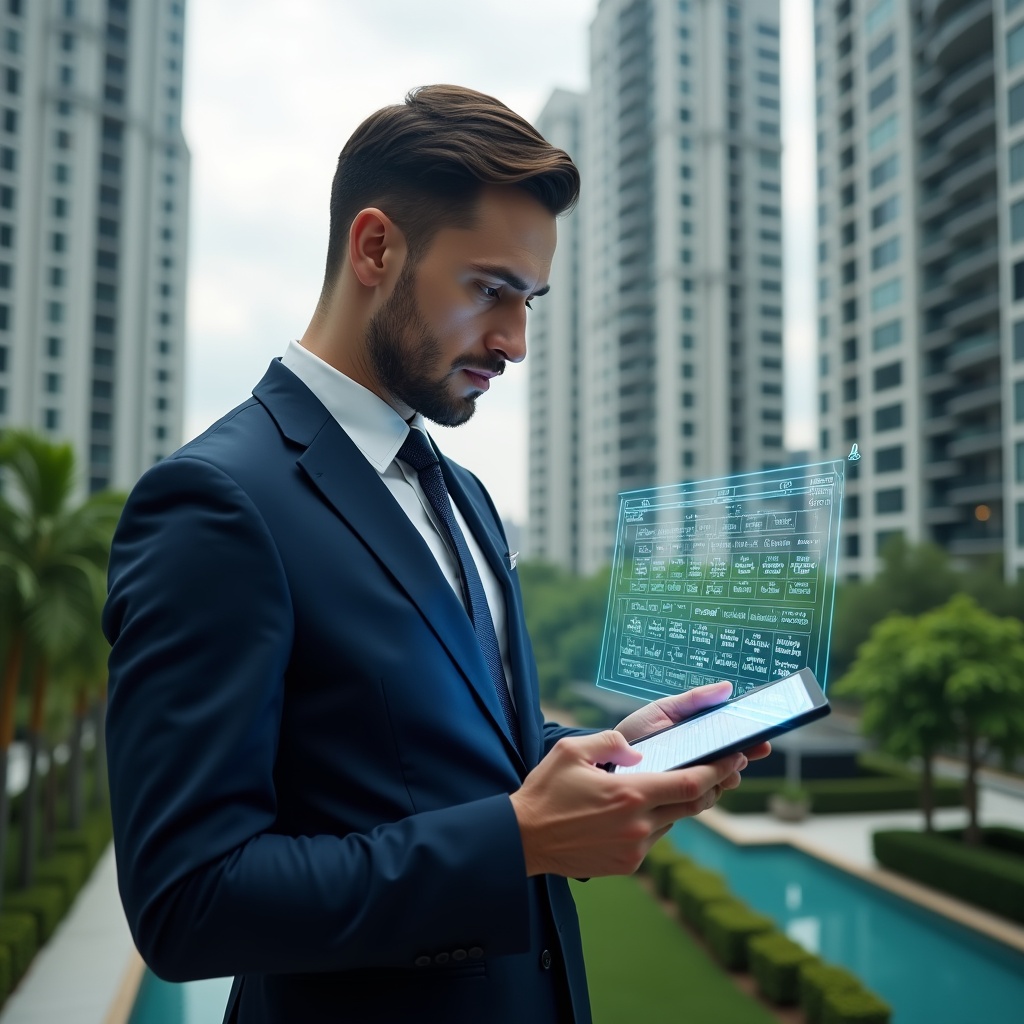 Ultra-realistic condominium manager in a navy suit, set in a modern luxury condominium environment with high-rise buildings and lush green landscaping, confidently examining a holographic schedule floating above a digital tablet, a translucent calendar grid and checklist icons hovering beside them, cinematic lighting, shallow depth of field, highly detailed textures, realistic skin, photographic realism, 8k resolution --ar 1:1 --v 6