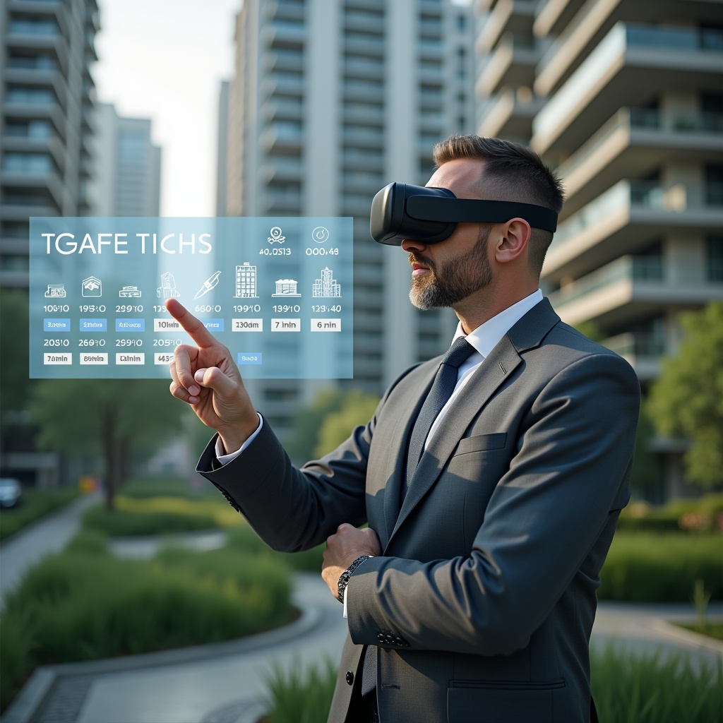 (Ultra-realistic property manager in a charcoal gray suit, set in a modern luxury condominium environment with high-rise buildings and lush green landscaping, examining a holographic calendar display with floating task icons, confidently pointing at upcoming deadlines, symbolic transparent schedule overlay highlighting optimized workflow, cinematic lighting, shallow depth of field, highly detailed textures, realistic skin, photographic realism, 8k resolution --ar 1:1 --v 6)