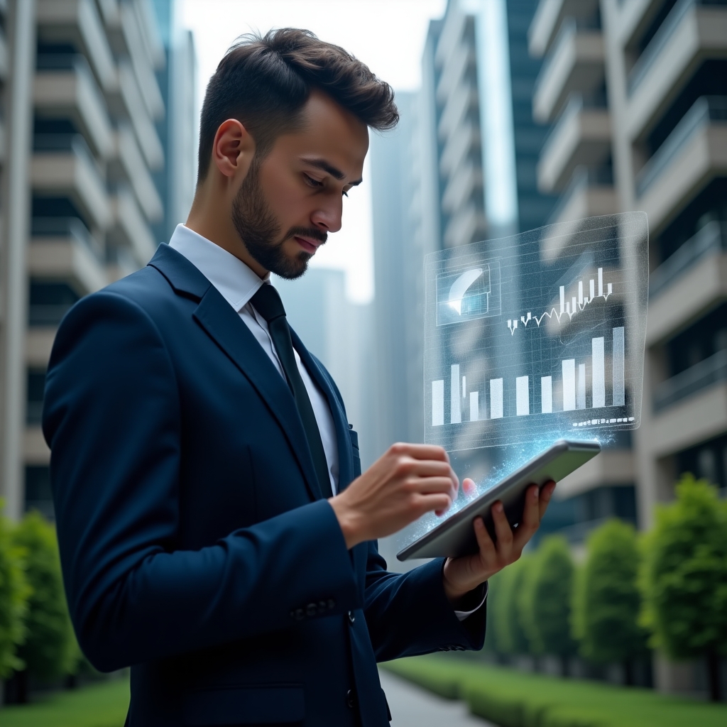 Ultra-realistic condominium manager in a tailored navy suit, set in a modern luxury condominium environment with high-rise buildings and manicured green landscaping, analyzing transparent holographic financial charts while holding a sleek digital tablet, floating pie chart and bar graph holograms beside them symbolizing clear accounting, confident and focused expression, cinematic lighting, shallow depth of field, highly detailed textures, realistic skin, photographic realism, 8k resolution --ar 1:1 --v 6