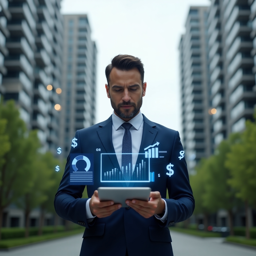 Ultra-realistic property manager in a navy blue suit, set in a modern luxury condominium environment with high-rise buildings and green landscaping, standing in a medium shot with a focused and confident expression, holding a tablet displaying holographic financial charts and pie graphs, holographic dollar symbols floating around, cinematic lighting, shallow depth of field, highly detailed textures, realistic skin, photographic realism, 8k resolution --ar 1:1 --v 6