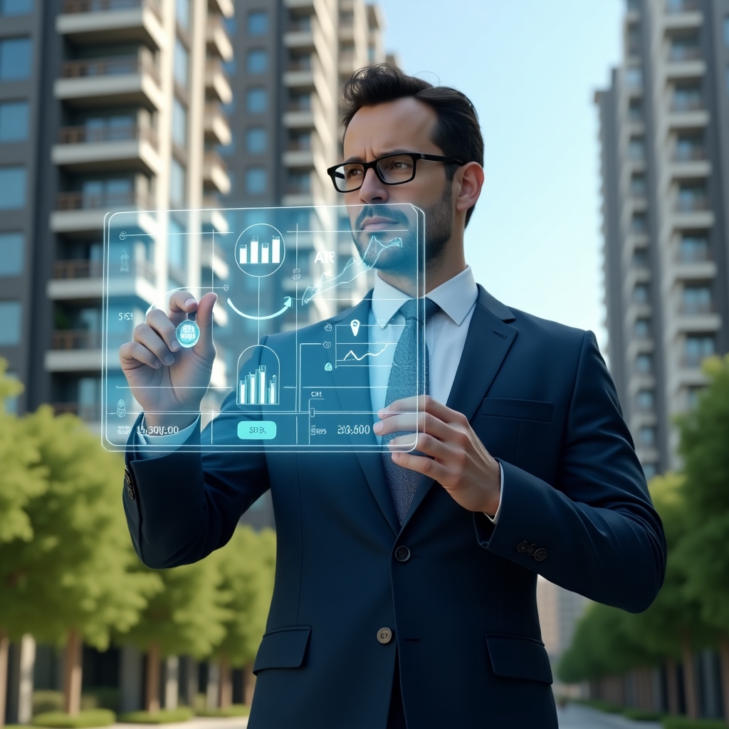 Ultra-realistic property manager in a navy suit, set in a modern luxury condominium environment with high-rise buildings and manicured greenery, confidently examining a transparent holographic dashboard displaying four cost-reduction steps and financial charts, surrounded by floating icons of graphs, coins and a shield, cinematic lighting, shallow depth of field, highly detailed textures, realistic skin, photographic realism, 8k resolution --ar 1:1 --v 6