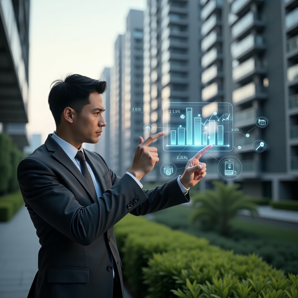Ultra-realistic condominium manager in a dark gray tailored suit, set in a modern luxury condominium environment with high-rise buildings and manicured green landscaping, analyzing floating holographic budget charts and repair tool icons, confidently pointing at a bar graph symbolizing cost reduction without maintenance cuts, cinematic lighting, shallow depth of field, highly detailed textures, realistic skin, photographic realism, 8k resolution --ar 1:1 --v 6