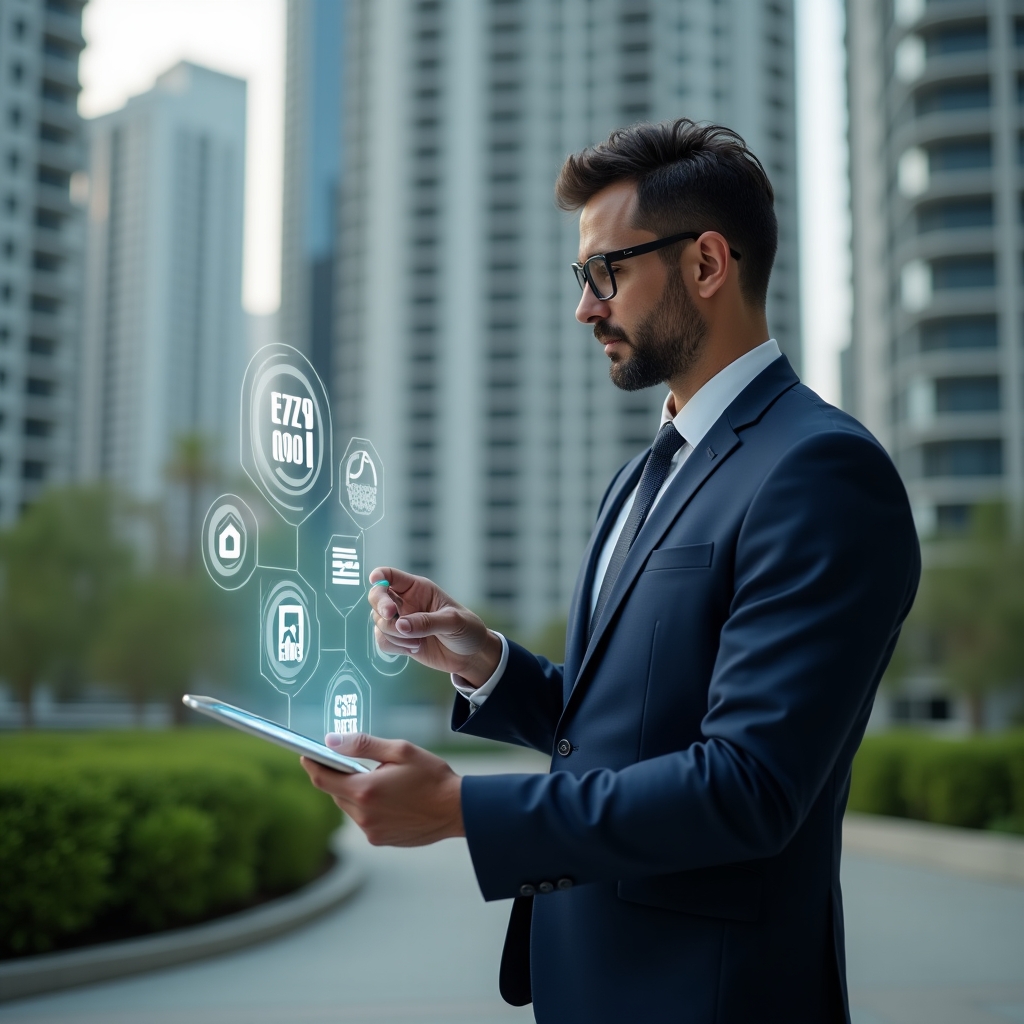 (Ultra-realistic condominium manager in a navy suit, set in a modern luxury condominium environment with high-rise buildings and green landscaping, analyzing holographic budget charts projected from a tablet, confident and thoughtful expression, floating cost graphs and coin icons as thematic visual elements, cinematic lighting, shallow depth of field, highly detailed textures, realistic skin, photographic realism, 8k resolution --ar 1:1 --v 6)