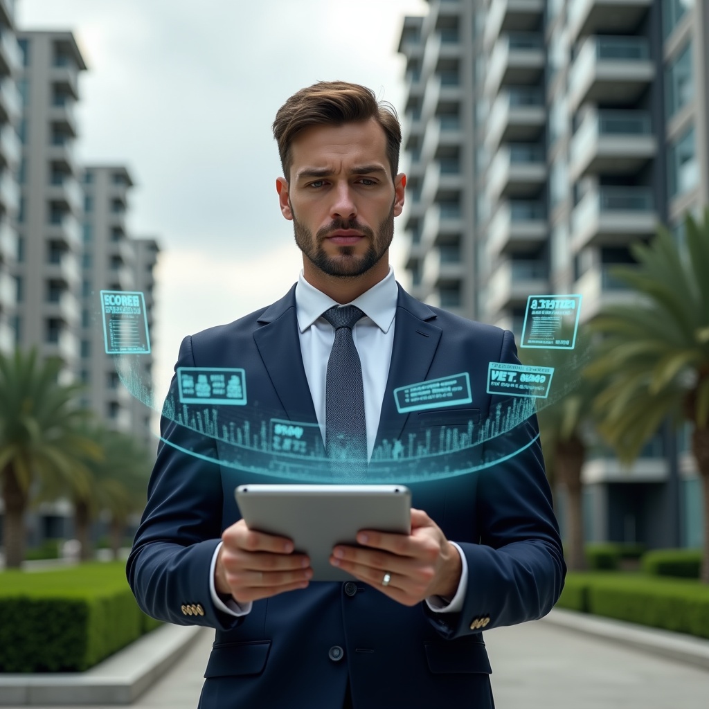 (Ultra-realistic condominium manager in a tailored navy suit, set in a modern luxury condominium environment with high-rise buildings and manicured green landscaping, holding a digital tablet and examining floating holographic financial charts, symbolizing centralized revenue and expense tracking, confident expression, cinematic lighting, shallow depth of field, highly detailed textures, realistic skin, photographic realism, 8k resolution --ar 1:1 --v 6)