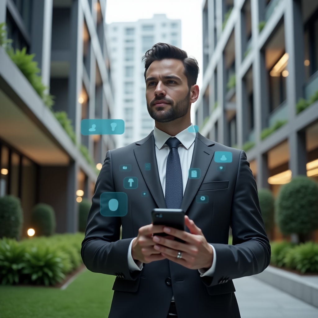 Ultra-realistic property manager in a dark charcoal suit, set in a modern luxury condominium environment with high-rise buildings and manicured green landscaping, holding a smartphone and interacting with floating holographic chat bubbles and notification icons, confident expression conveying efficient communication, cinematic lighting, shallow depth of field, highly detailed textures, realistic skin, photographic realism, 8k resolution --ar 1:1 --v 6