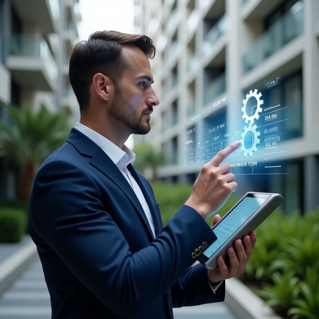 (Ultra-realistic property manager in a navy blue suit, set in a modern luxury condominium environment with high-rise buildings and meticulously landscaped greenery, holding a tablet displaying a holographic maintenance schedule calendar, pointing thoughtfully at the glowing timeline, floating holographic gears icon symbolizing preventive tasks, cinematic lighting, shallow depth of field, highly detailed textures, realistic skin, photographic realism, 8k resolution --ar 1:1 --v 6)