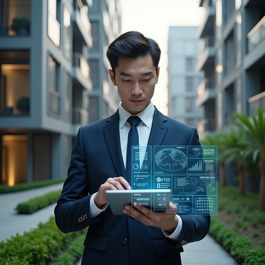 (Ultra-realistic condominium manager in a tailored navy suit, set in a modern luxury condominium environment with high-rise buildings and manicured green landscaping, examining a holographic dashboard of building performance metrics projected from a tablet, displaying icons for budgeting, security and communication, confident expression, cinematic lighting, shallow depth of field, highly detailed textures, realistic skin, photographic realism, 8k resolution --ar 1:1 --v 6)