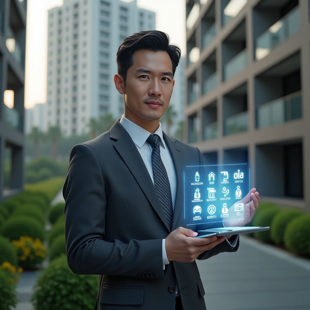 Ultra-realistic condominium manager in a charcoal gray executive suit, set in a modern luxury condominium environment with high-rise buildings and lush green landscaping, confidently holding a digital tablet projecting a holographic activity schedule with icons for cleaning, maintenance, security and meetings, cinematic lighting, shallow depth of field, highly detailed textures, realistic skin, photographic realism, 8k resolution --ar 1:1 --v 6