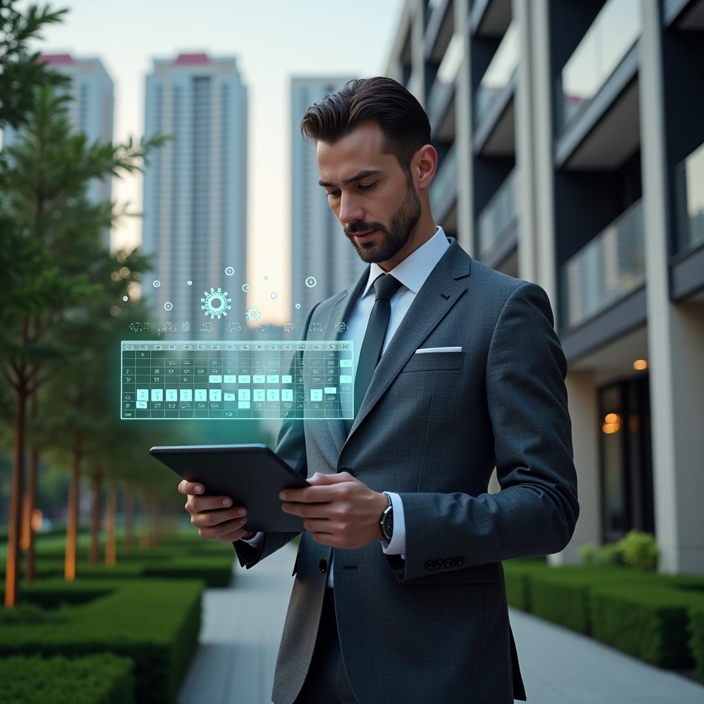 Ultra-realistic condominium manager in a charcoal gray executive suit, set in a modern luxury condominium environment with high-rise buildings and manicured green landscaping, holding a digital tablet displaying a holographic activity schedule, confidently analyzing a floating calendar interface, subtle holographic icons of gears and checkmarks symbolizing maintenance planning, cinematic lighting, shallow depth of field, highly detailed textures, realistic skin, photographic realism, 8k resolution --ar 1:1 --v 6