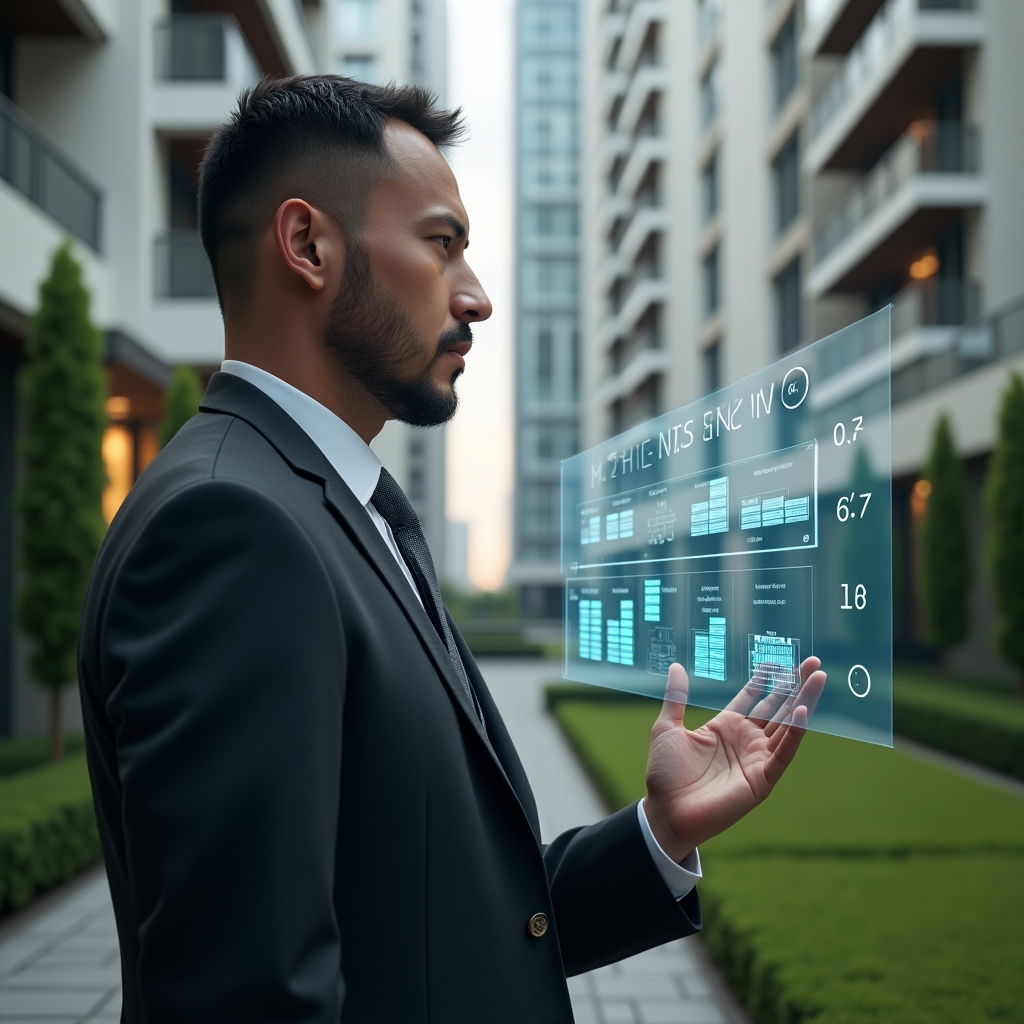 Ultra-realistic condominium manager in a tailored charcoal suit, set in a modern luxury condominium environment with high-rise buildings and manicured green landscaping, confidently examining a floating holographic timeline of maintenance and meeting icons, depicting calendar grids and checkmarks, cinematic lighting, shallow depth of field, highly detailed textures, realistic skin, photographic realism, 8k resolution --ar 1:1 --v 6