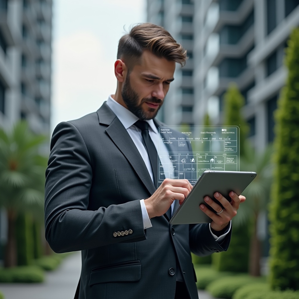 (Ultra-realistic condominium manager in a charcoal gray executive suit, set in a modern luxury condominium environment with high-rise buildings and meticulously landscaped greenery, reviewing a holographic activity calendar projected above a tablet with a focused, confident expression, symbolic timeline icons floating around, cinematic lighting, shallow depth of field, highly detailed textures, realistic skin, photographic realism, 8k resolution --ar 1:1 --v 6)