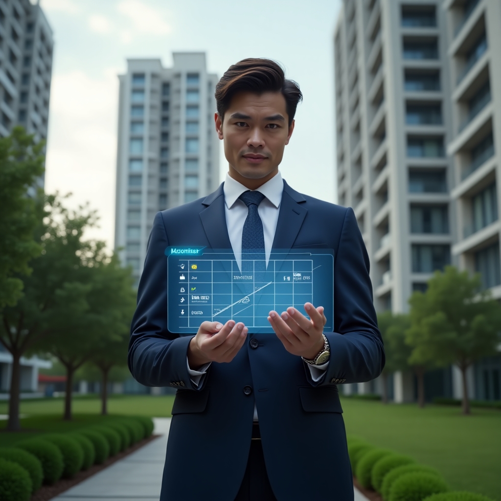 (Ultra-realistic condominium manager in a tailored navy suit, set in a modern luxury condominium environment with high-rise buildings and manicured green landscaping, mid-shot of a confident professional reviewing a holographic activity schedule with floating calendar and checklist icons, cinematic lighting, shallow depth of field, highly detailed textures, realistic skin, photographic realism, 8k resolution --ar 1:1 --v 6)