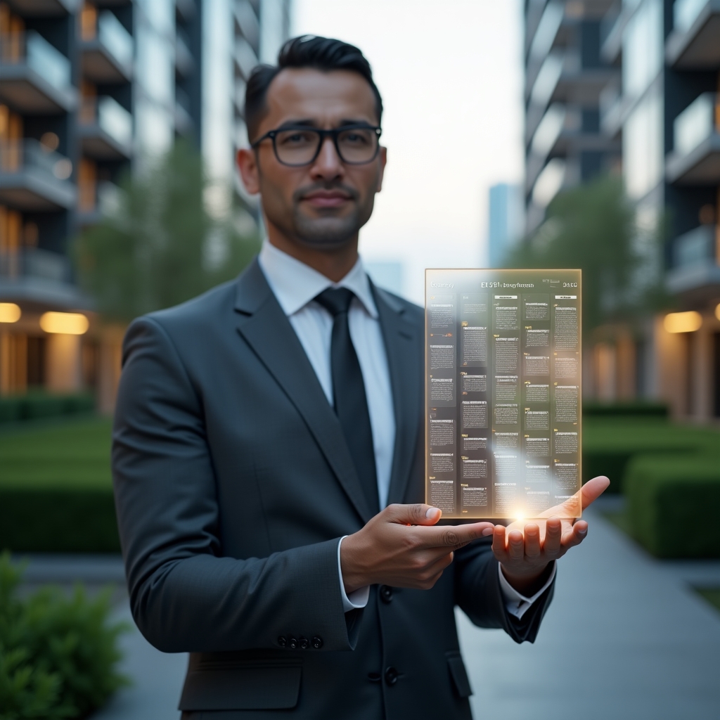 (Ultra-realistic professional condominium manager in a charcoal gray business suit, set in a modern luxury condominium environment with high-rise buildings and manicured green landscaping, holding a translucent holographic annual calendar and tapping schedule icons floating before them, conveying focused confidence and strategic planning, cinematic lighting, shallow depth of field, highly detailed textures, realistic skin, photographic realism, 8k resolution --ar 1:1 --v 6)