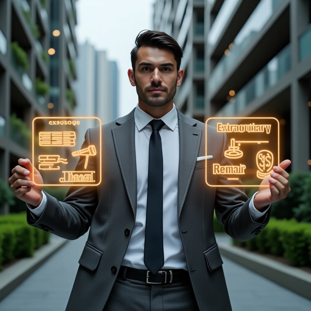 (Ultra-realistic condominium manager in a tailored gray suit, set in a modern luxury condominium environment with high-rise buildings and manicured green landscaping, close-up medium shot of a confident professional holding two holographic charts labeled “ordinary expenses” and “extraordinary expenses,” glowing icons of utility bills and repair tools floating beside each chart, cinematic lighting, shallow depth of field, highly detailed textures, realistic skin, photographic realism, 8k resolution --ar 1:1 --v 6)