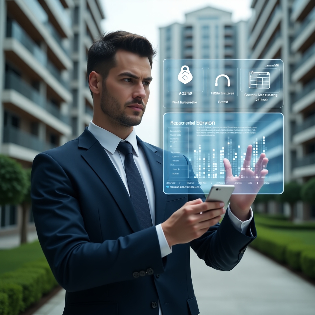 (Ultra-realistic condominium manager in a navy executive suit, set in a modern luxury condominium environment with high-rise buildings and manicured green landscaping, interacting with a floating holographic dashboard displaying financial charts and maintenance schedules, holographic icons of a visitor log, common area booking calendar, and security access badge around them, confident and focused expression, cinematic lighting, shallow depth of field, highly detailed textures, realistic skin, photographic realism, 8k resolution --ar 1:1 --v 6)
