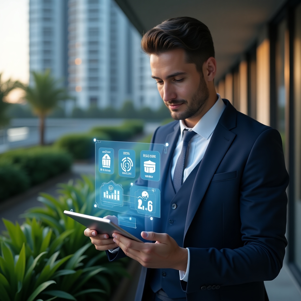 (Ultra-realistic condominium manager in a sleek navy suit, set in a modern luxury condominium environment with high-rise buildings and manicured green landscaping, holding a tablet displaying holographic icons of communication, financial dashboards, and reservation modules, examining data with a confident, focused expression, cinematic lighting, shallow depth of field, highly detailed textures, realistic skin, photographic realism, 8k resolution --ar 1:1 --v 6)