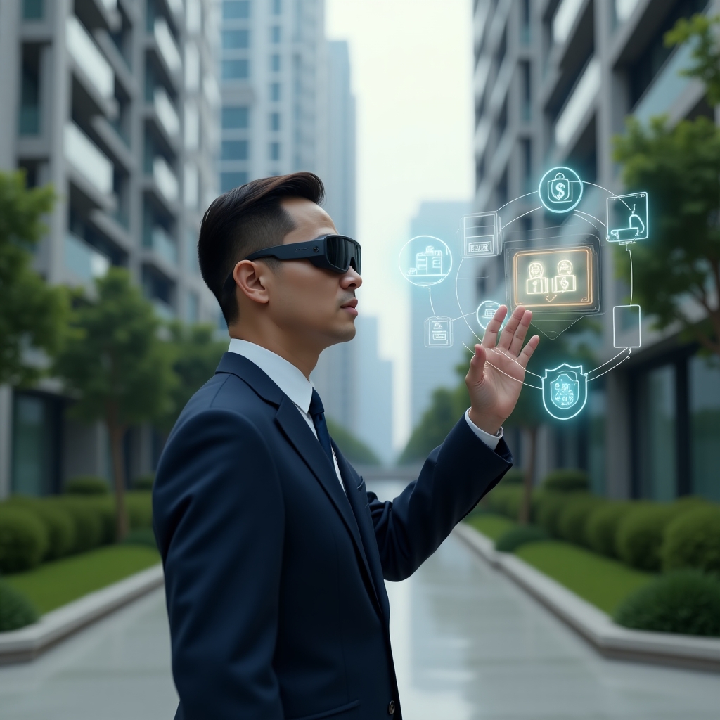 (Ultra-realistic condominium manager in a navy executive suit, set in a modern luxury condominium environment with high-rise buildings and manicured green landscaping, interacting with floating holographic icons of chat bubbles, dollar signs and security shields to illustrate communication, finance and safety features, cinematic lighting, shallow depth of field, highly detailed textures, realistic skin, photographic realism, 8k resolution --ar 1:1 --v 6)