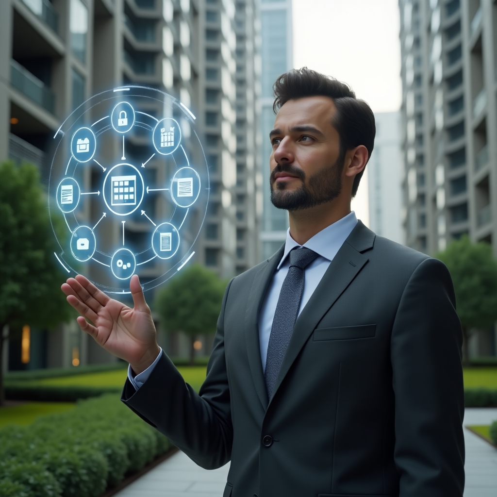 Ultra-realistic condominium manager in a dark gray tailored suit, set in a modern luxury condominium environment with high-rise buildings and manicured green landscaping, confidently interacting with a floating holographic interface displaying icons for finances, calendars, messaging and maintenance, cinematic lighting, shallow depth of field, highly detailed textures, realistic skin, photographic realism, 8k resolution --ar 1:1 --v 6