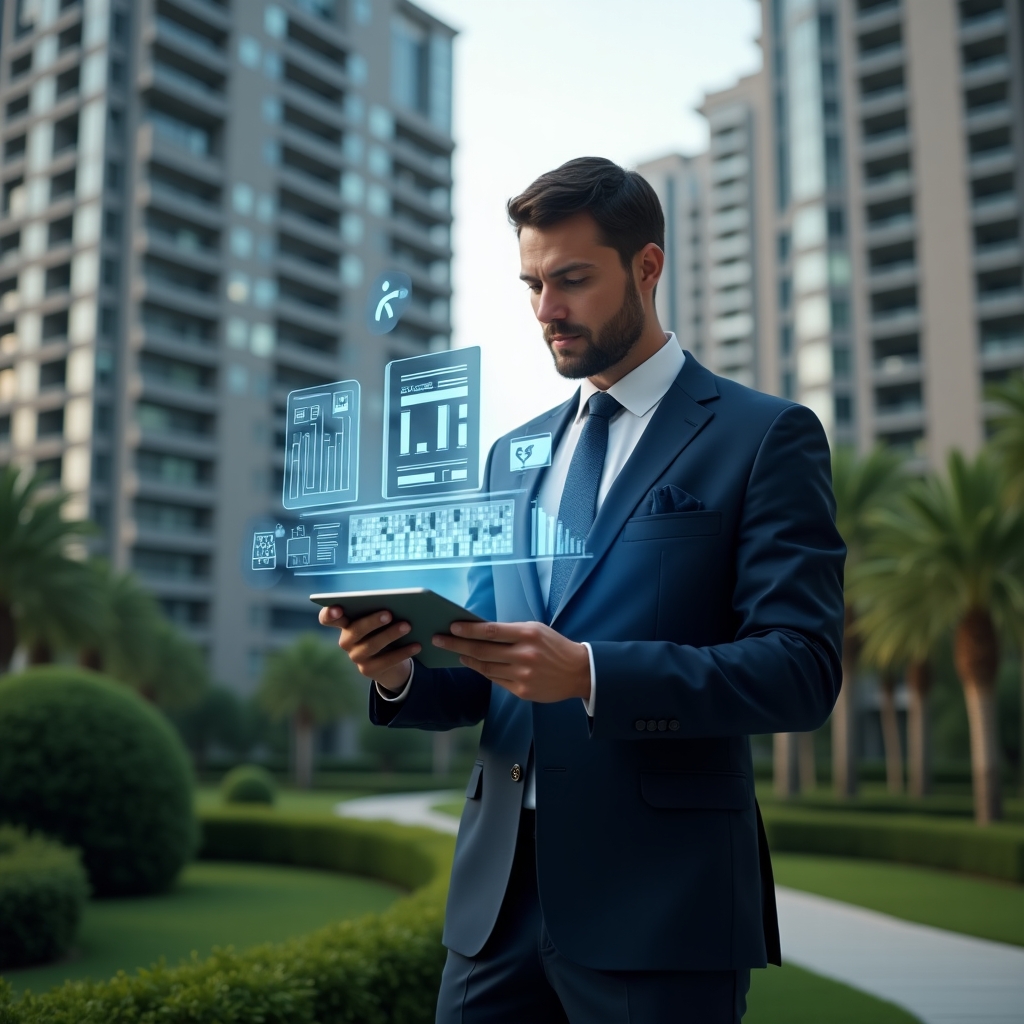 Ultra-realistic professional condominium manager in a tailored navy suit, set in a modern luxury condominium environment with high-rise buildings and manicured green landscaping, mid-shot, confidently reviewing a tablet projecting holographic expense charts and budget icons, cinematic lighting, shallow depth of field, highly detailed textures, realistic skin, photographic realism, 8k resolution --ar 1:1 --v 6