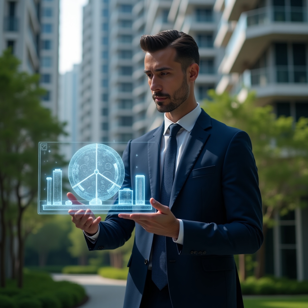 (Ultra-realistic condominium manager in a tailored navy suit, set in a modern luxury condominium environment with high-rise buildings and meticulously landscaped greenery, analyzing a holographic 3D pie chart of fractional ownership proportions, glowing digital icons of coins and voting ballots floating around, confident and focused expression, cinematic lighting, shallow depth of field, highly detailed textures, realistic skin, photographic realism, 8k resolution --ar 1:1 --v 6)