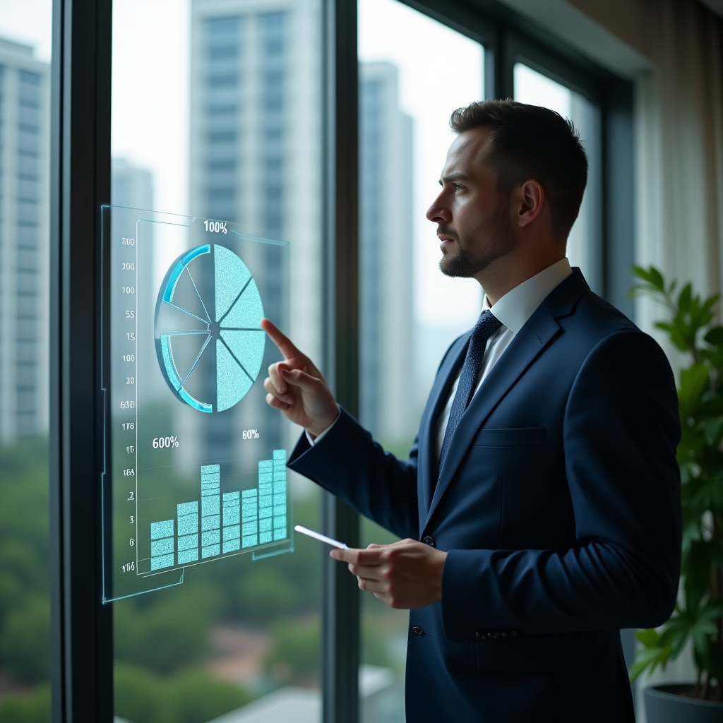 Ultra-realistic condominium manager in a navy executive suit, set in a modern luxury condominium environment with high-rise buildings and lush green landscaping, analyzing a holographic pie chart representing ideal fraction percentages of condo quotas, pointing thoughtfully at segmented percentages, cinematic lighting, shallow depth of field, highly detailed textures, realistic skin, photographic realism, 8k resolution --ar 1:1 --v 6