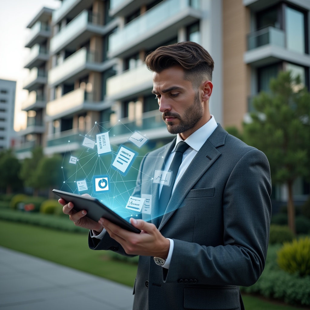 (Ultra-realistic condominium manager in a charcoal gray suit, set in a modern luxury condominium environment with high-rise buildings and manicured green landscaping, reviewing holographic financial statements with a focused, confident expression, holographic icons of charts and receipts floating around, cinematic lighting, shallow depth of field, highly detailed textures, realistic skin, photographic realism, 8k resolution --ar 1:1 --v 6)