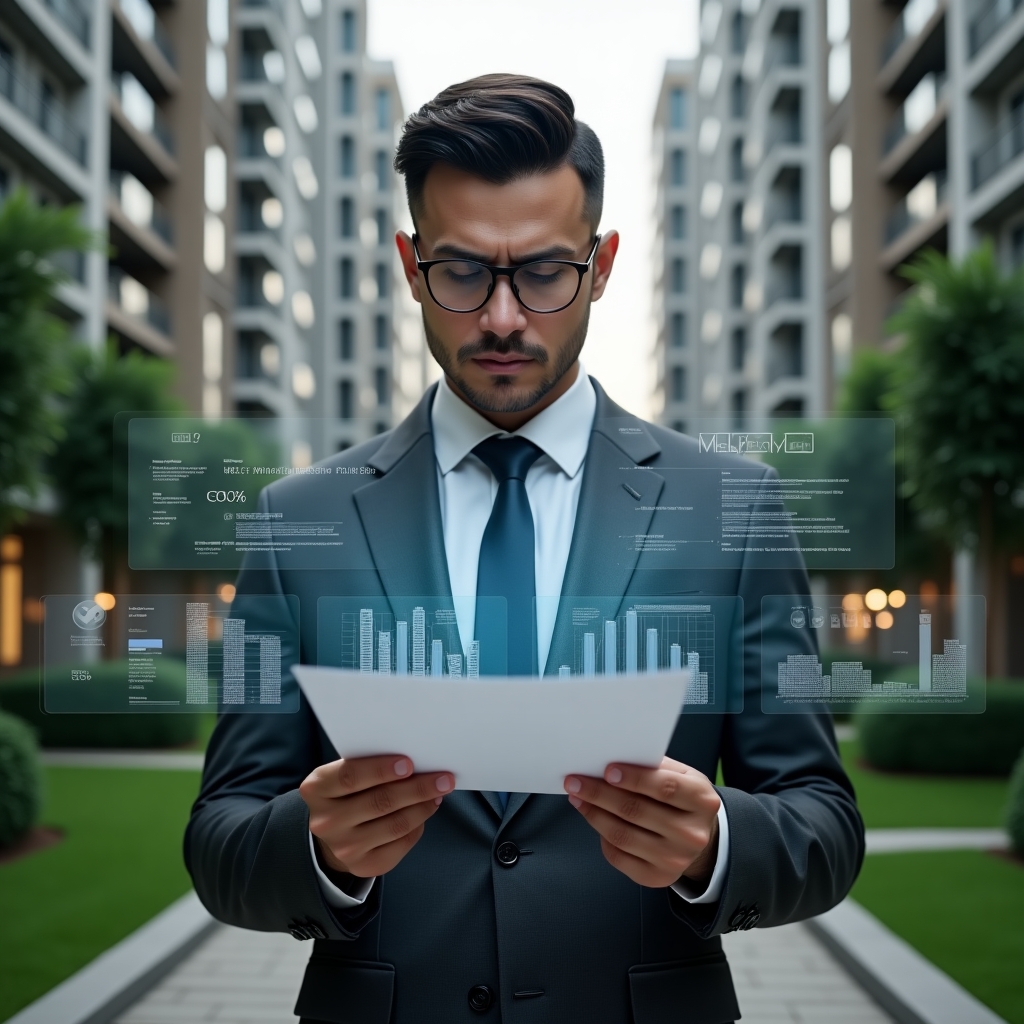 (Ultra-realistic condominium manager in a dark gray tailored suit, set in a modern luxury condominium environment with high-rise buildings and manicured green landscaping, analyzing a floating holographic financial report with highlighted error icons and transparent charts, holographic document icons surrounding them, focused and confident expression, cinematic lighting, shallow depth of field, highly detailed textures, realistic skin, photographic realism, 8k resolution --ar 1:1 --v 6)